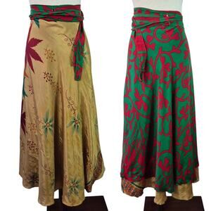 Darn Good Yarn Sari Silk Red Gold Green Reversible Wrap Around Long Skirt 6 12